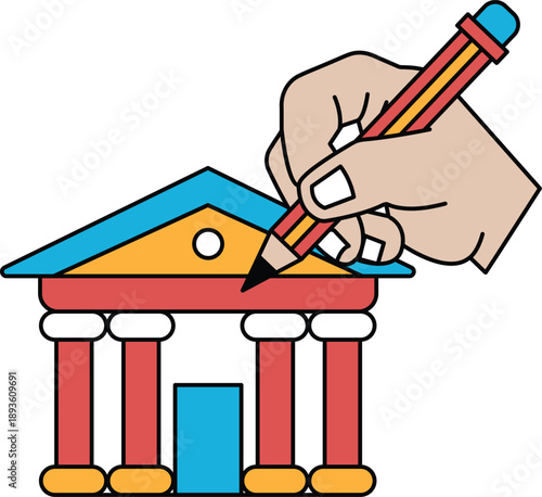 A hand is drawing a building with a pencil