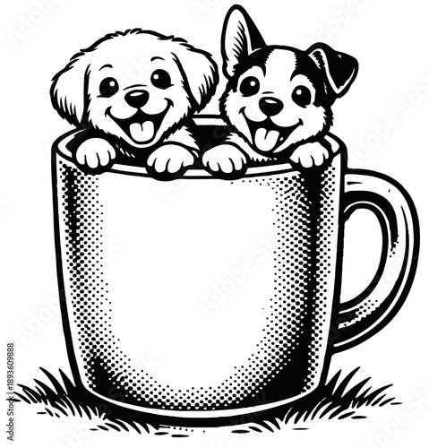 Two cheerful puppies peek over the rim of a large coffee mug, conveying friendship, warmth, and playful charm. Ideal for pet care, cozy mornings, and lighthearted branding
