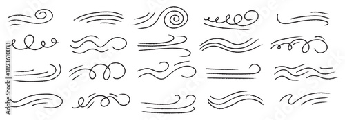 Hand drawn wind breeze doodle with air swirl and flow speed lines.