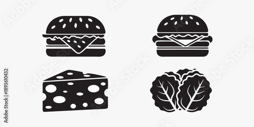 Black and white icons depicting burgers cheese and lettuce leaves