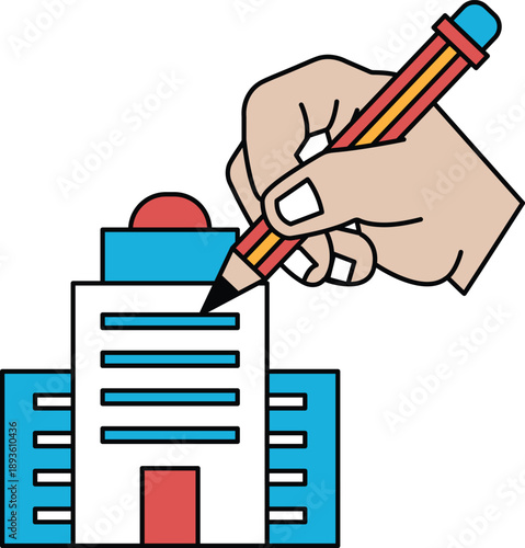 A hand is drawing a building with a pencil