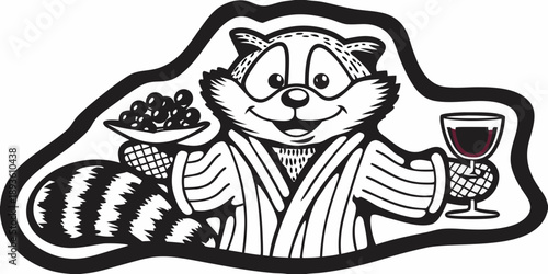 A charming raccoon enjoys olives wine and a relaxed lifestyle