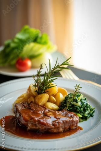 Gourmet dish of glazed steak with baby potatoes and sautéed spinach served on elegant white plate, garnished with rosemary. Warm background and soft light create fine dining and comfort food concept