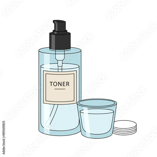 Transparent bottle of facial toner with glass and cotton pads isolated on white background skincare concept