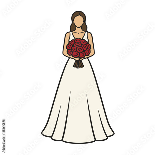 Bride in white wedding dress holding bouquet of red roses isolated on white background wedding concept