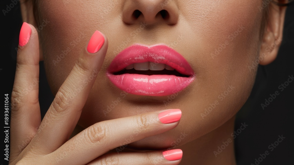 Naklejka premium Close-up of glossy pink lips and perfectly manicured nails in matching neon coral shade against dark background, emphasizing beauty, makeup and style harmony