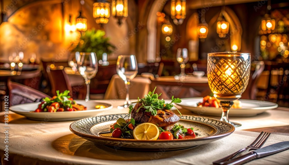Fototapeta premium Gourmet meal served on elegant table setting with fine dining ambiance and decorative lighting