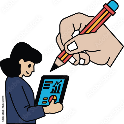 A woman is holding a tablet and a pencil