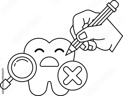 A cartoon drawing of a tooth with a pencil on it