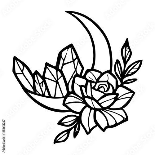 boho celestial composition with blooming flower and quartz gems