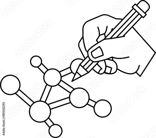A hand is drawing a molecule with a pencil