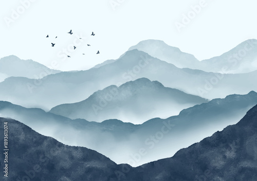 Hand painted minimal watercolour mountain landscape background 