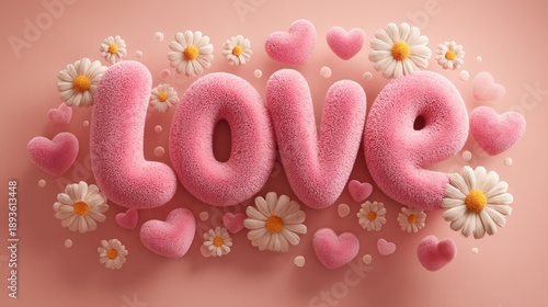Valentine's day. love valentine groovy romance pink heart flower daisy 3d text love valentine groovy romance pink heart flower daisy 3d text design pastel background create sweet joyful mood
