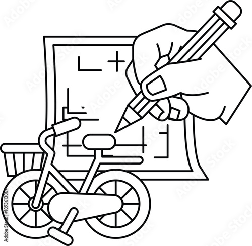 A hand is drawing a bicycle on a piece of paper