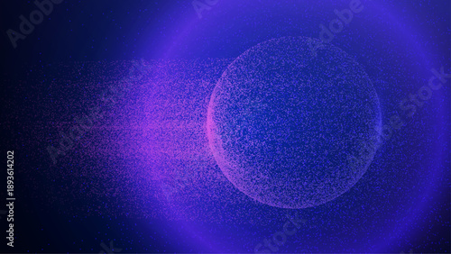 Particle Globe Background. Abstract Dot Sphere. 3D Big Data Bg. Purple Space Orb Near A Lighted Atom. Cyber Network Of Geometric Tech Points. Digital Particle Globe