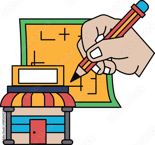 A hand is drawing a building with a pencil on a piece of paper