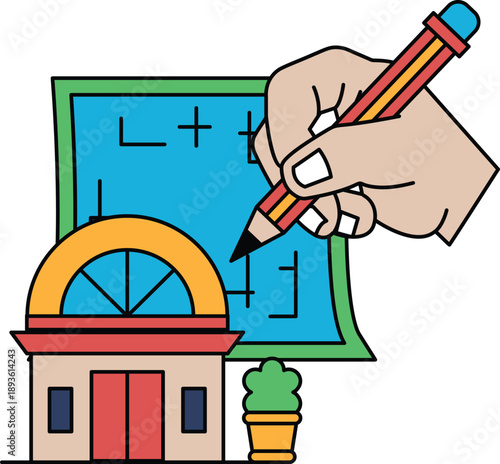 A hand is drawing a house with a pencil on a piece of paper