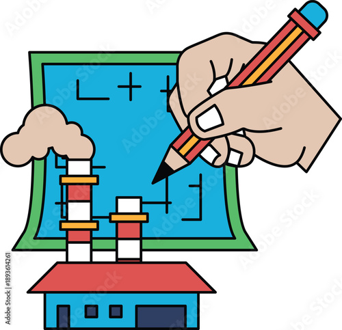 A hand is drawing a picture of a building with a pencil