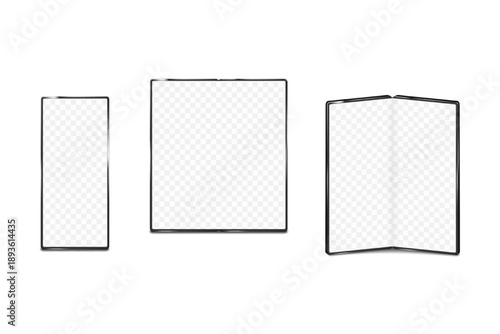 Foldable smartphone with blank transparent screen. Fold and landscape unfolded. Realistic 3d vector mockup. Flexible display smart phone. Mock-up. Template for web or mobile app design