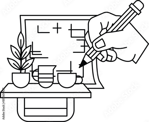 A hand is drawing on a white background with a pencil