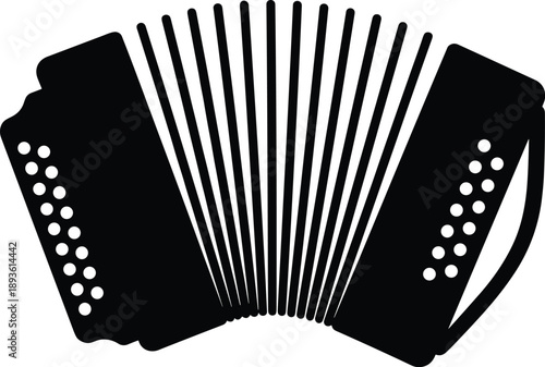 Minimal vector silhouette, vintage accordion with bellows and side buttons, solid black, isolated on white.