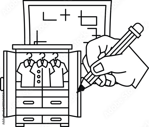 A person is drawing a dresser with clothes inside