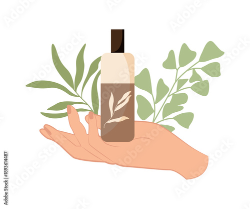 A woman's hand against a background of plants holds a jar of cream or other cosmetic product. Vector illustration for cosmetology, body and face care. The design is perfect for packaging cosmetic prod