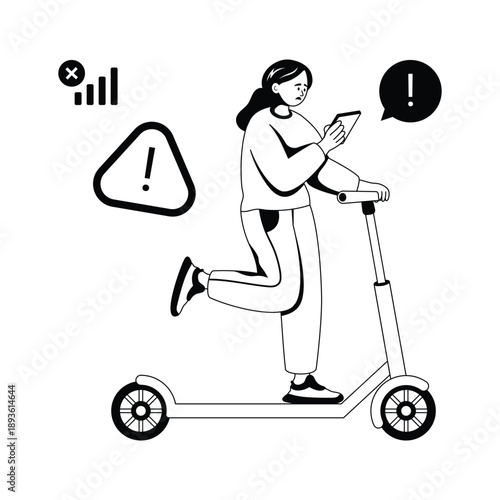 Illustration of a girl riding scooter and using mobile phone, phoneholic vector