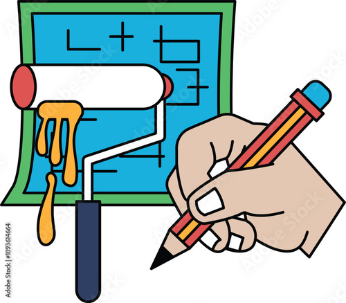 A hand is drawing on a piece of paper with a paint roller and a pencil