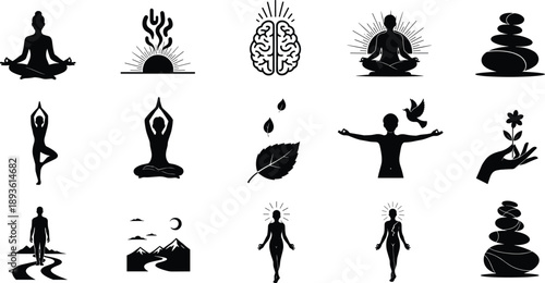 The image is a collection of 15 black silhouette icons arranged in a 3x5 grid on a white background.