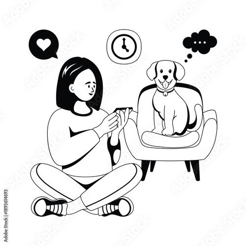 Woman sitting with dog and using mobile, concept illustration of mobile addiction
