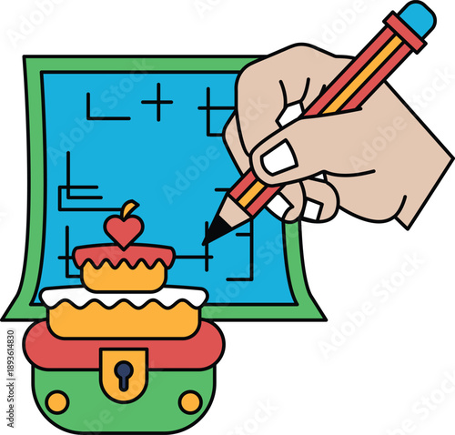 A hand is drawing a cake on a piece of paper