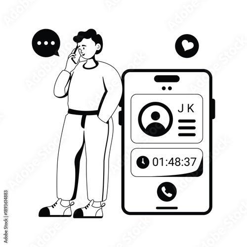 Male character spending long hours on smartphone call, glyph illustration