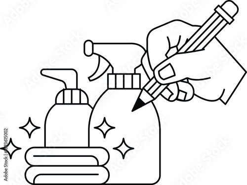 A hand is writing on a bottle with a sprayer