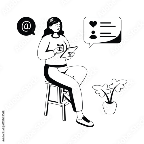 Illustration of a woman using mobile phone, premium glyph vector