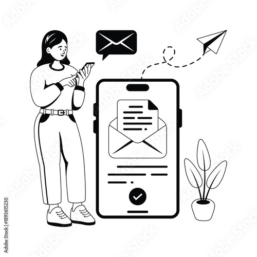Female user checking mobile email alert and inbox messages, glyph illustration