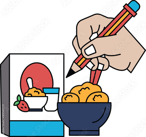 A hand is drawing a picture of a box of cereal with a pencil