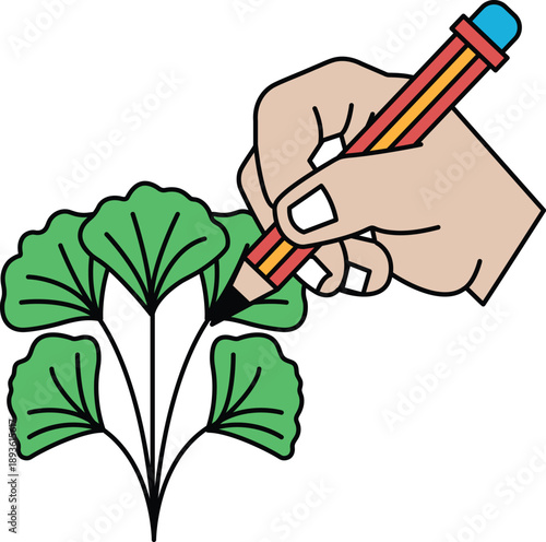 A hand is drawing a leaf with a pencil