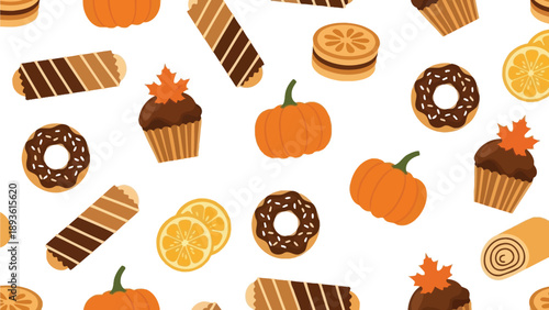 Charming seamless pattern featuring delicious autumn sweets and festive orange pumpkins