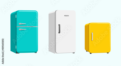 Collection of three distinct retro style refrigerators in vibrant colors for kitchen design concepts