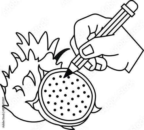 A hand is drawing a picture of a fruit with a pencil