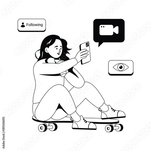 Glyph style illustration of a woman watching video online on skating board