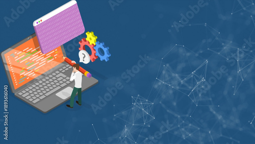 Programmer contemplating coding solutions with gears turning