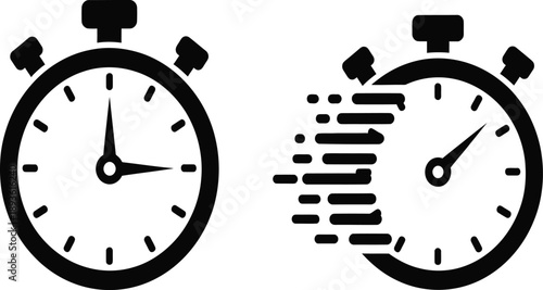 Vector illustration of two stopwatch symbols one classic, one with motion blur, representing time, speed, and deadlines