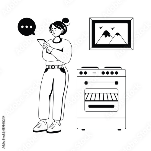 Female character checking smartphone notifications while cooking in kitchen