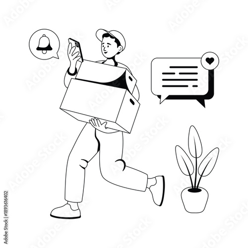 Illustration of a delivery boy using mobile during package delivery