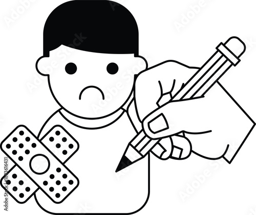 A boy is holding a pencil and a bandage