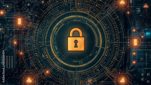 Secure digital padlock on futuristic circuit board background