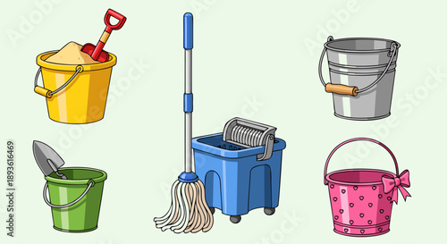 Assortment of colorful cleaning buckets beach pails and a floor mop with wringer illustration