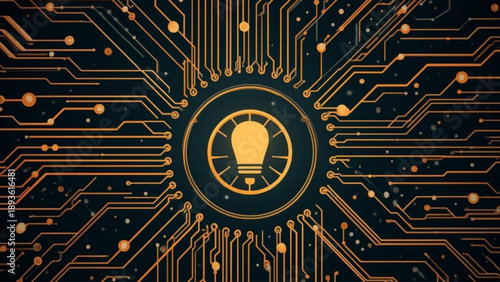 Innovative technology concept with glowing lightbulb on circuit board